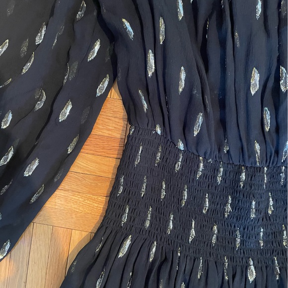 Rebecca Taylor Black Long Sleeve Dress w/ Metallic Gold Details & Smocked Waist - Picture 6 of 7